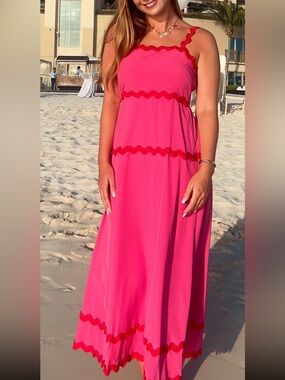Bright Pink Maxi Dress with Red Trim
